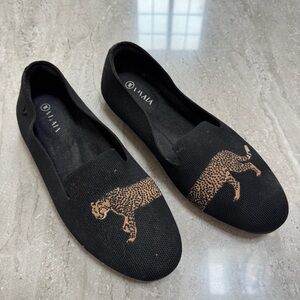 Vaneli Black Canvas Leopard Embroidered Slip-On Flats